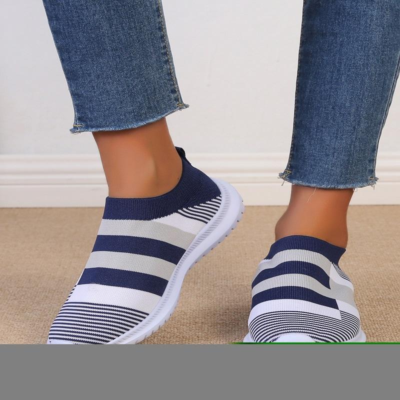 2024 Women Sneakers Fashion Women Vulcanized Shoes Slip On Flats Shoes Women Loafers Colorblock Stripes Plus Size Walking Flat
