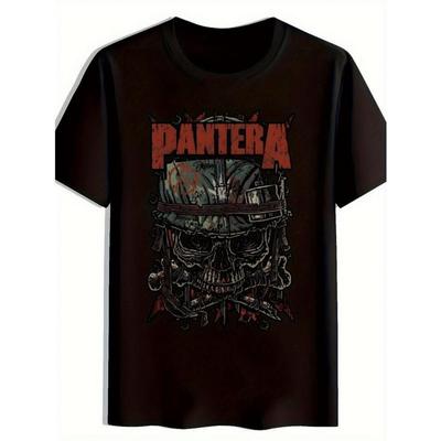 T-shirt Oversize Noir Pantera Graphique Homme Taille Européenne Design Audacieux Crâne Engrenage Manches Courtes Col Rond Confort Toutes Saisons Lavable en Machine Décontracté