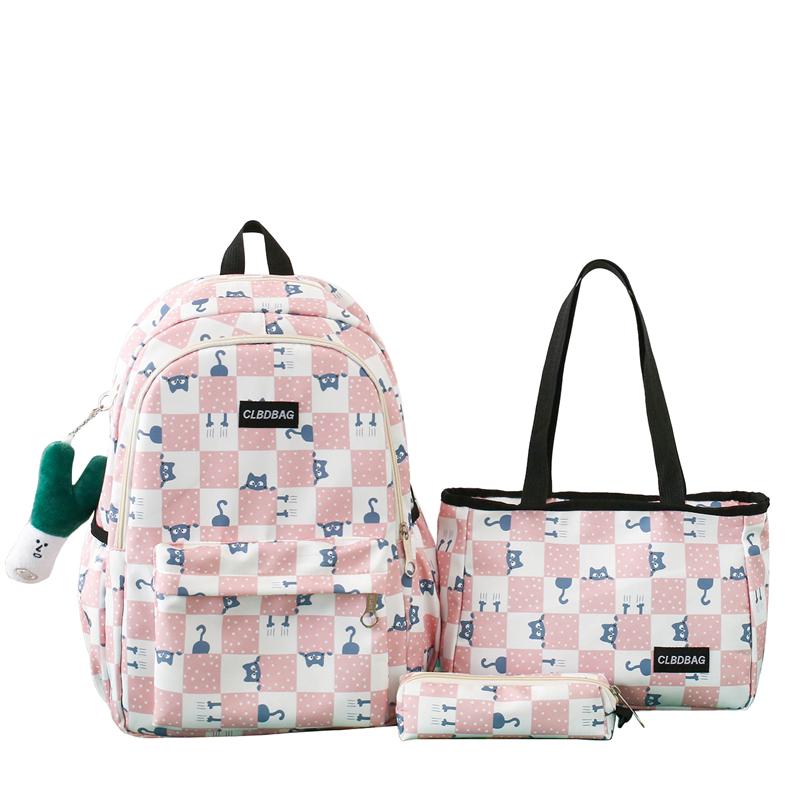 Three-Piece Backpack Set Large Capacity Student Schoolbag Junior High School Student Checkerboard Backpack with Lunch Bag Pen Bag