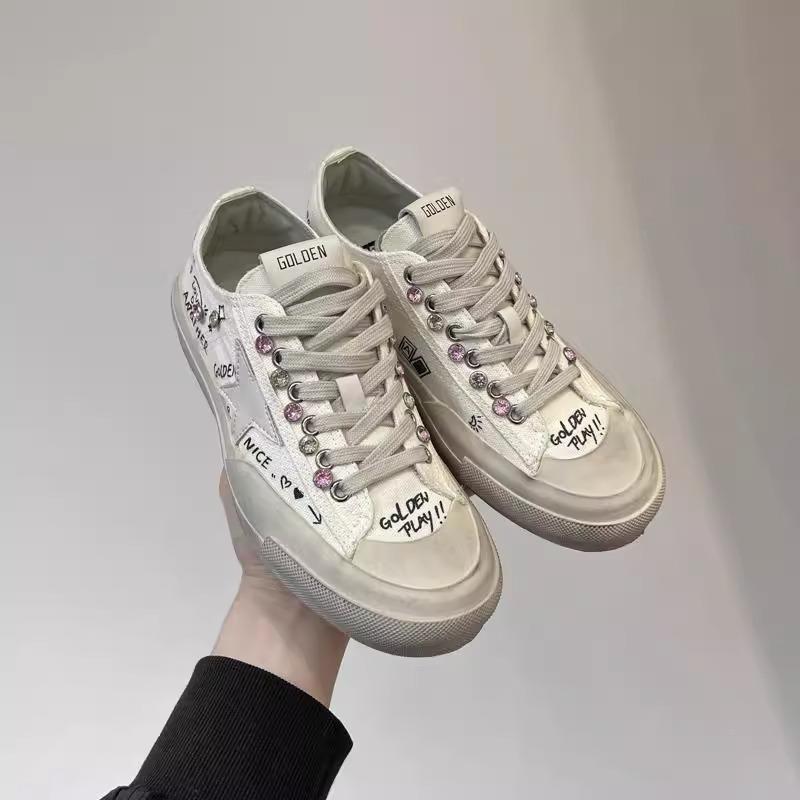 

Холщовые звезды маленькие грязные туфли женские 2025 весна мягкая подошва мягкая поверхность граффити инкрустированные бриллиантами кеды удобные универсальные маленькие белые 40