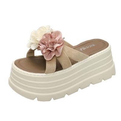 Fashion 7.5CM High Platform Slippers Women Summer Thick-soled Ladies High Heels Flower Slides Shoe Beach Sandals Ethnic Style Flip Flops