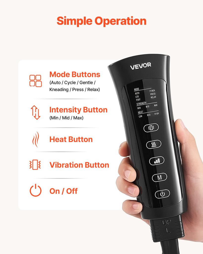 VEVOR Leg Compression Massager 3 Heat Settings Air Compression Leg Massager, For Daily Relaxation, 6 Modes, 3 Massage Intensities