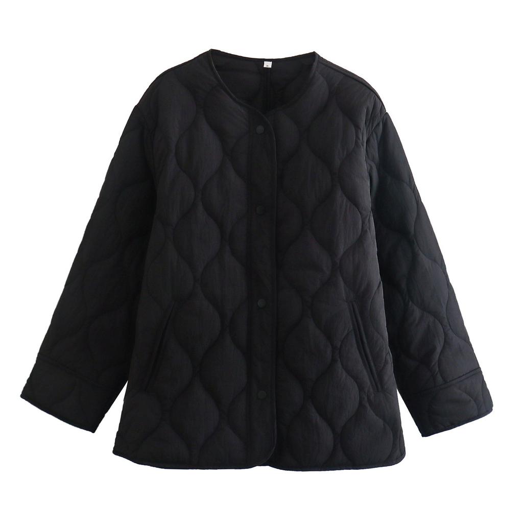 Winter Ladies Fashion Temperament Quilted Thread Decoration Simple Solid Color Round Neck Loose Cotton Long-sleeved Jacket
