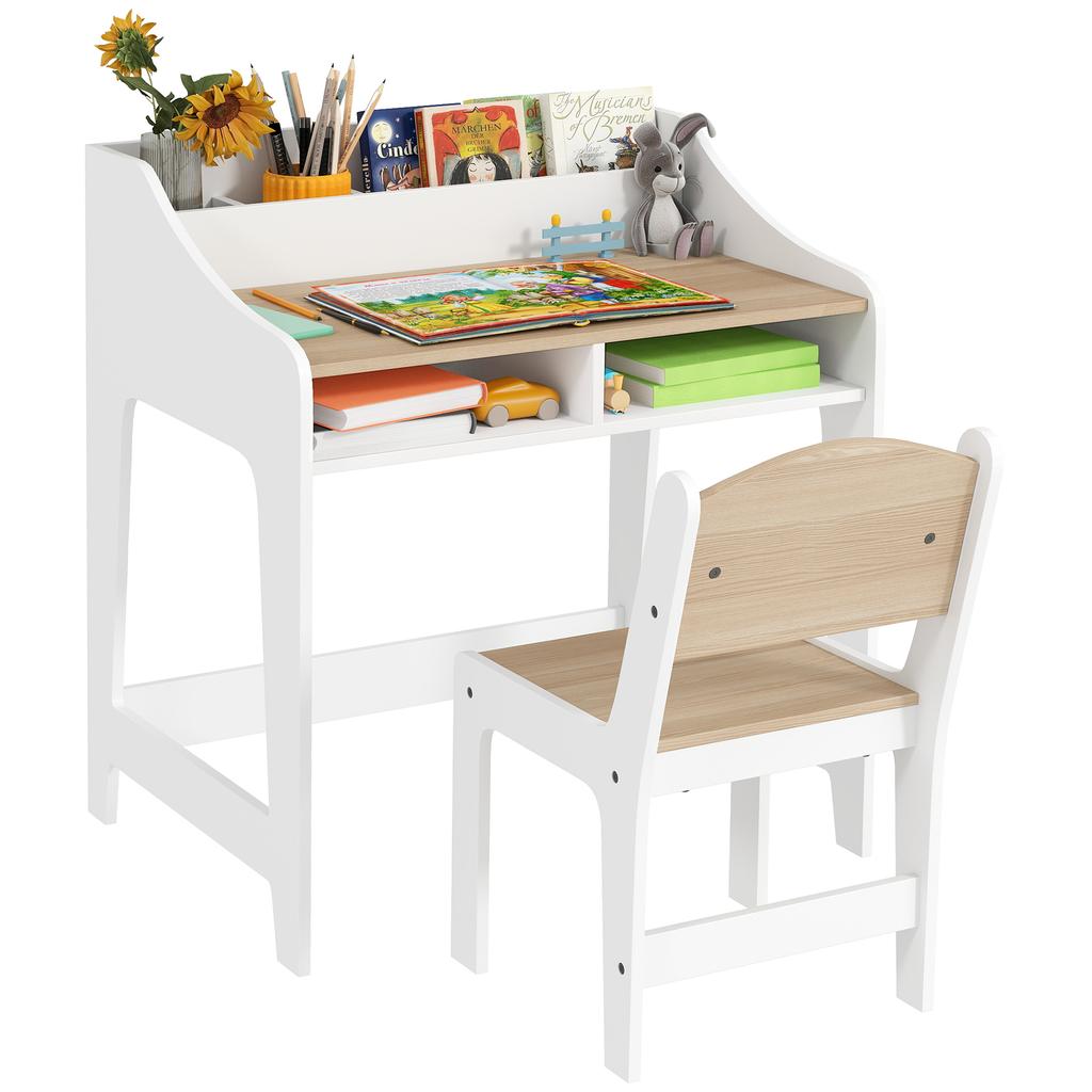 Kids Desk and Chair Set, Children Study Table with Storage and Shelves for Study Room, Gift for 3-8 Years, Natural