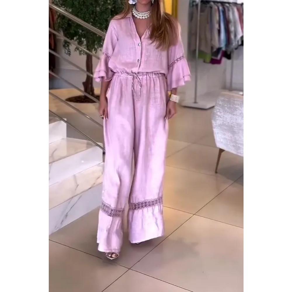 Summer Women's Casual Solid-color Lapel Lotus Leaf Sleeve Mid-waist Pocket Jumpsuit