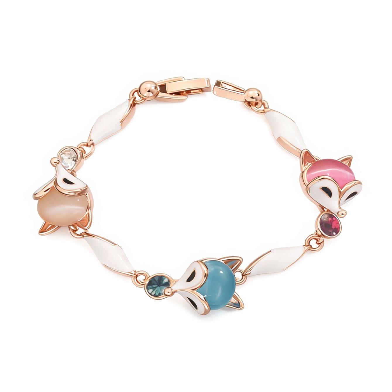

Rose Gold Fox Animal Bracelet Colorful Cat Eye Stone Jewelry Simple Mother Gift for Women 14k