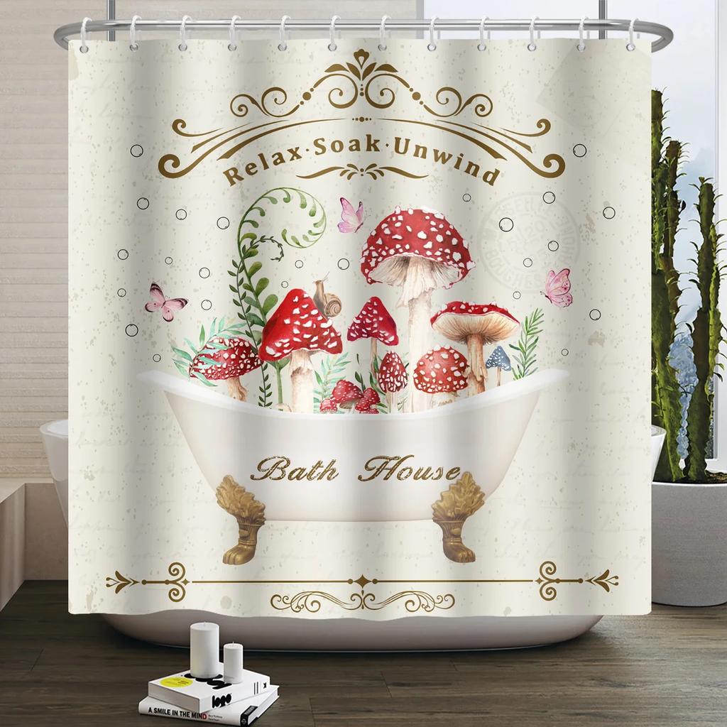 Mushroom Shower Curtain Flower Green Leaf Plant Forest Butterfly Botanical Floral Squirrel Aesthetic Waterproof Bathroom Curtain