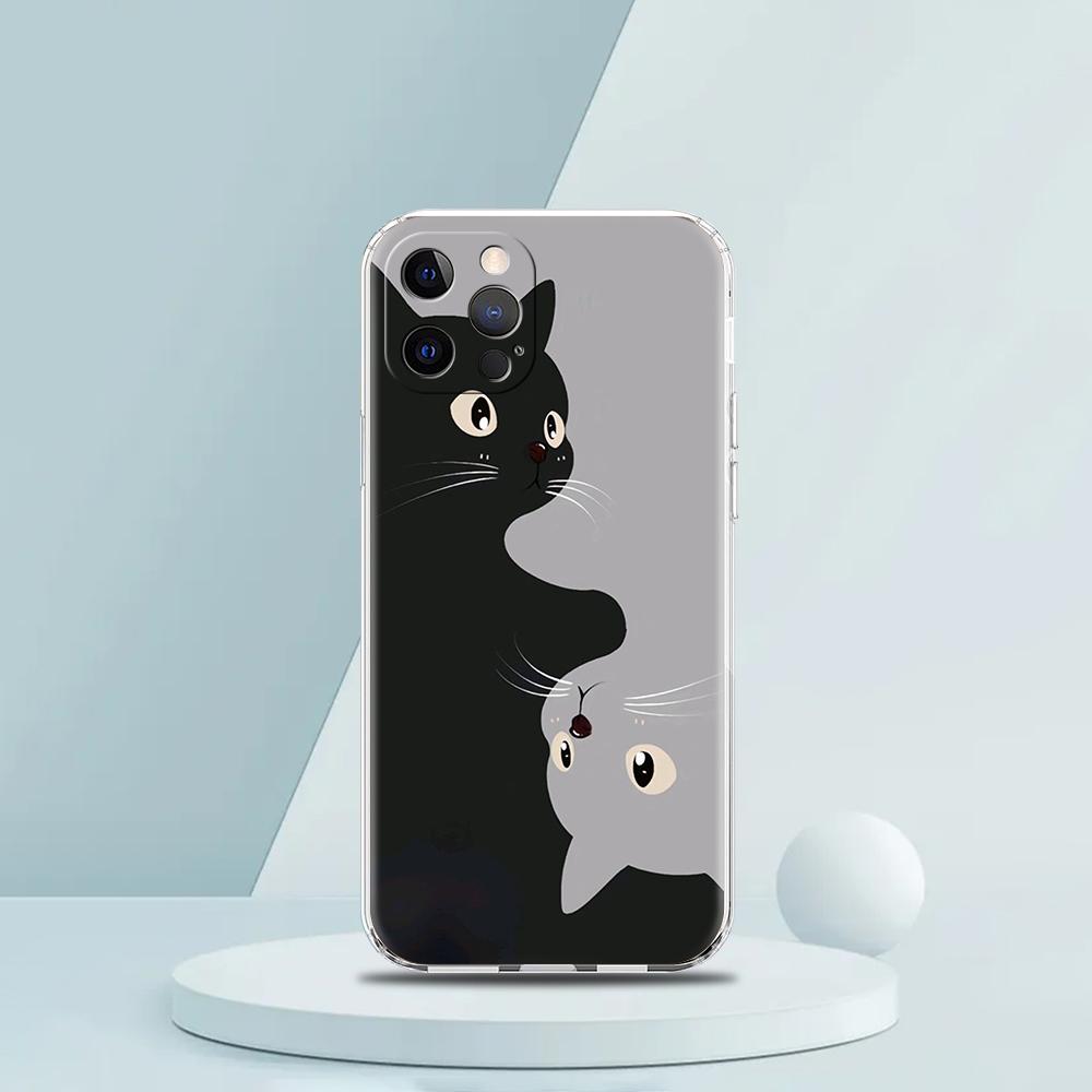 Soft TPU Transparent Phone Case Cover for iPhone 16 15 14 13 12 11 Pro Max XR 8 7 Plus Shockproof Shell Cute Cartoon Cat Pattern