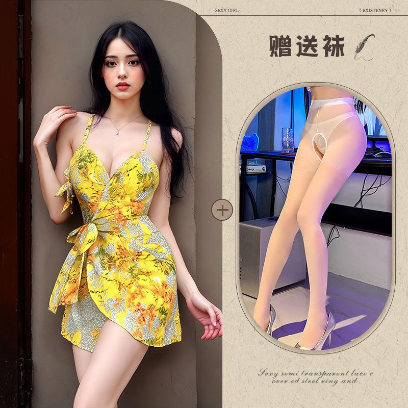 Internet Celebrity Douyin Yellow Robe Sexy Suspender Kimono Passion Free Fat MM Hot Suit