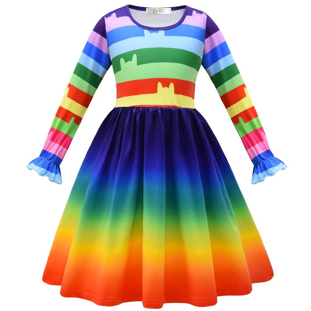 Kids Girls Cartoon Printed Long Sleeves O Neck Casual Dress Halloween Cosplay Costumes