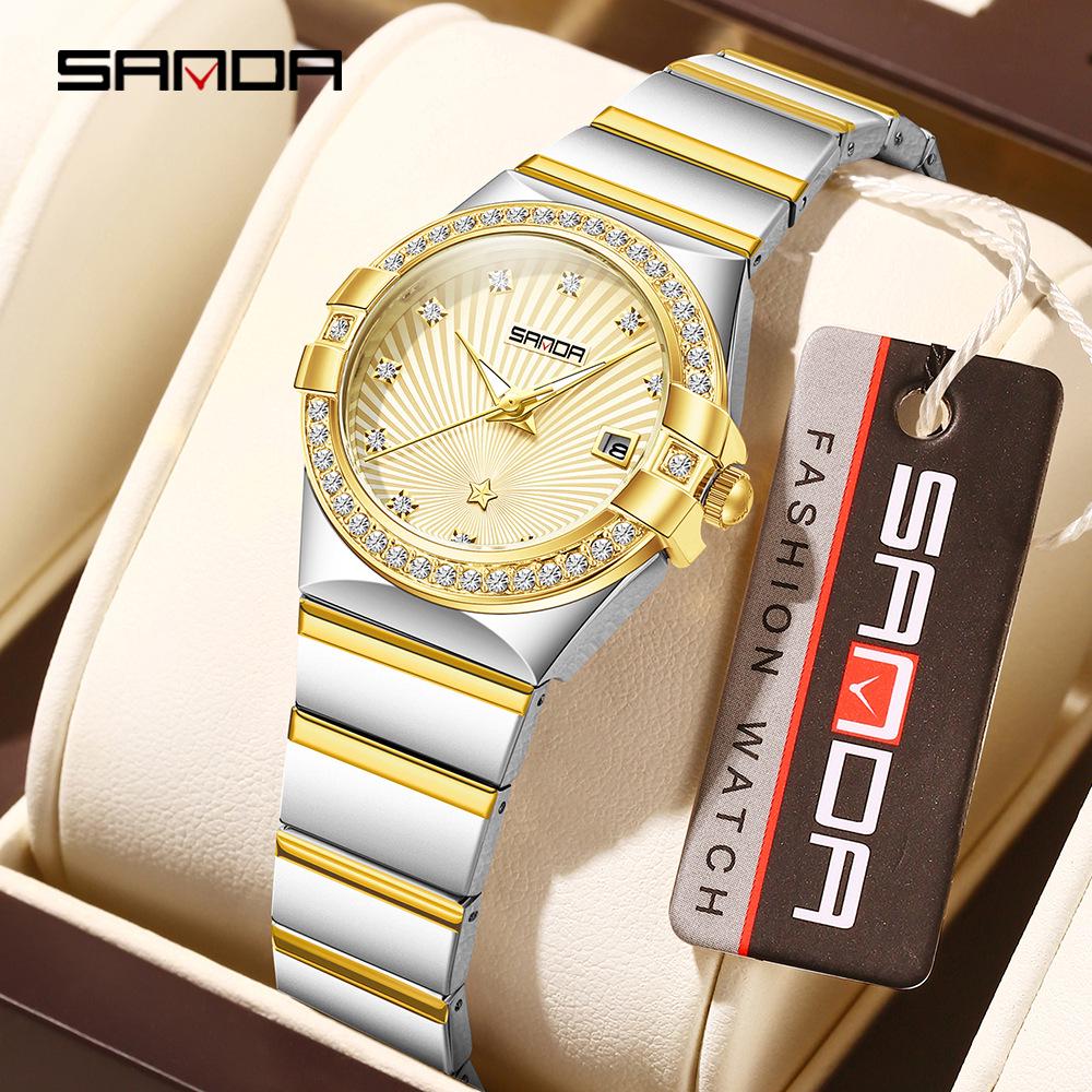 Sanda Women's Luminous Sunray Dial Quartz Watch with Vintage Calendar & Diamond Accents, Waterproof.