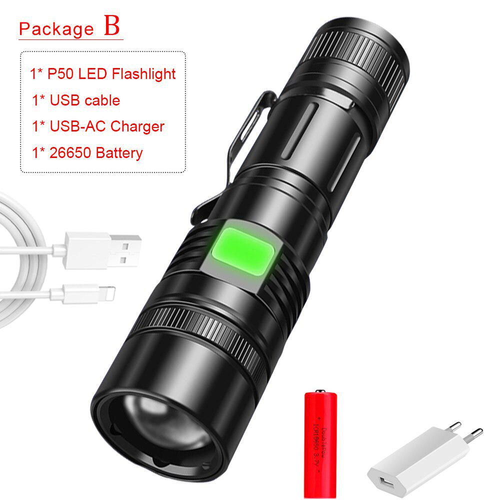 5 Mode Zoomable Torch XHP50 LED Flashlight Rechargeable Tactical Camping Light