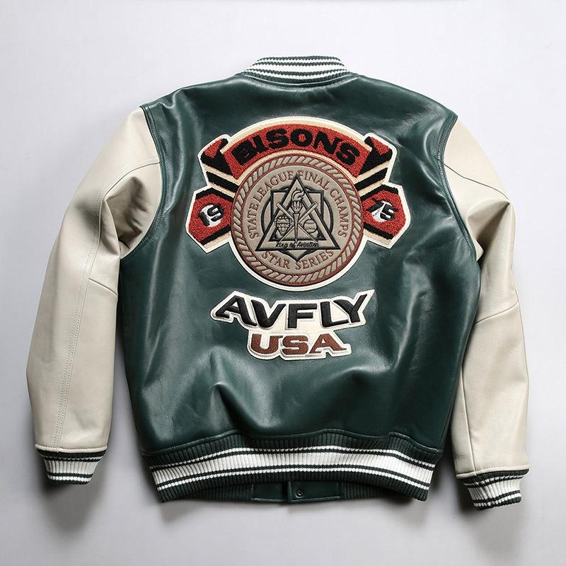 AVFLY leather baseball jersey men's stand-up collar towel embroidery leisure sports plus size cowhide leather jacket