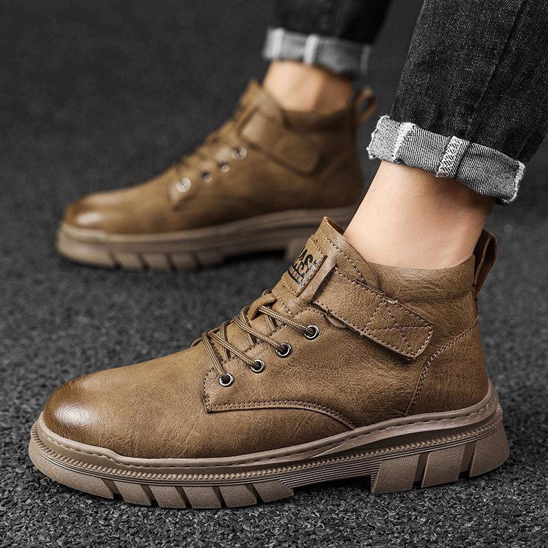 Leather Martin boots Men's outdoor thick-soled mid-top British leather shoes First layer cowhide boots High top trendy tooling leather boots