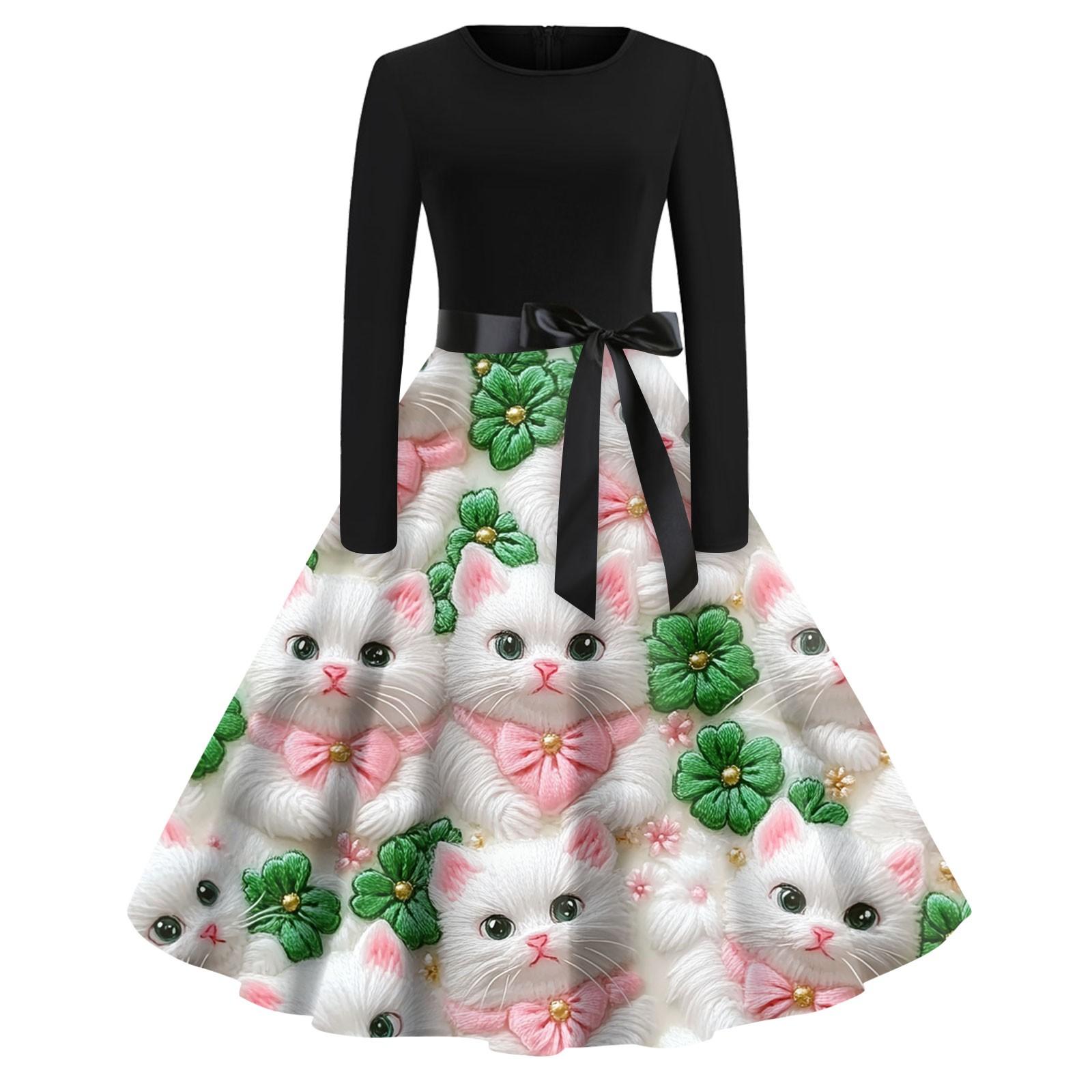 

Жіночі сукні Модні повсякденні тонкі сукні з круглим вирізом St. Сукні з довгими рукавами з принтом до Дня Патрика XXXXL рожевий