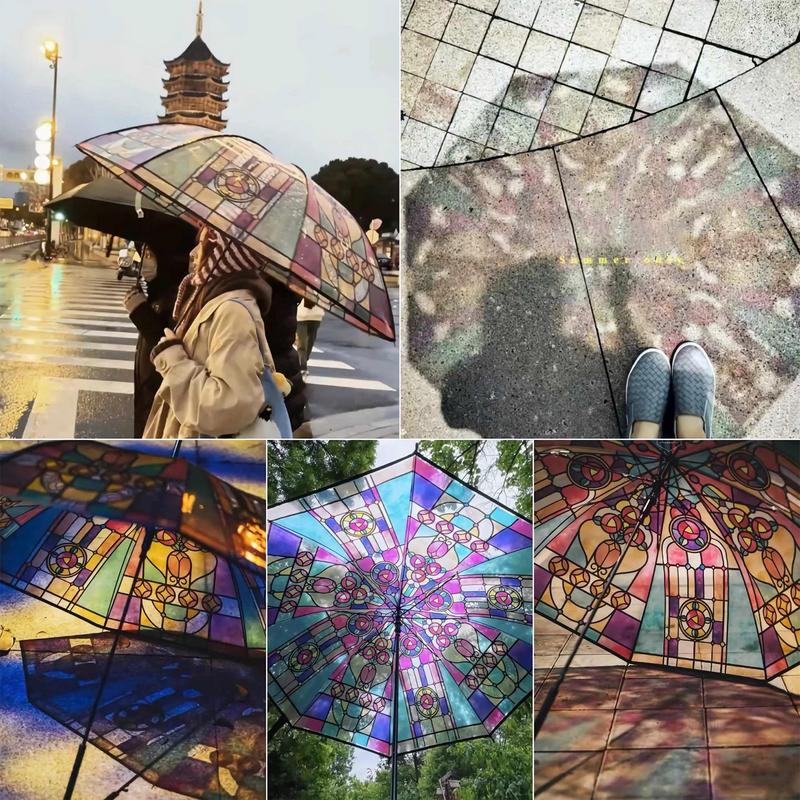 British Wind Rainforest Arch Transparent Umbrella Stained Glass Vintage Parasol Portable Automatic Opening Folding Umbrella
