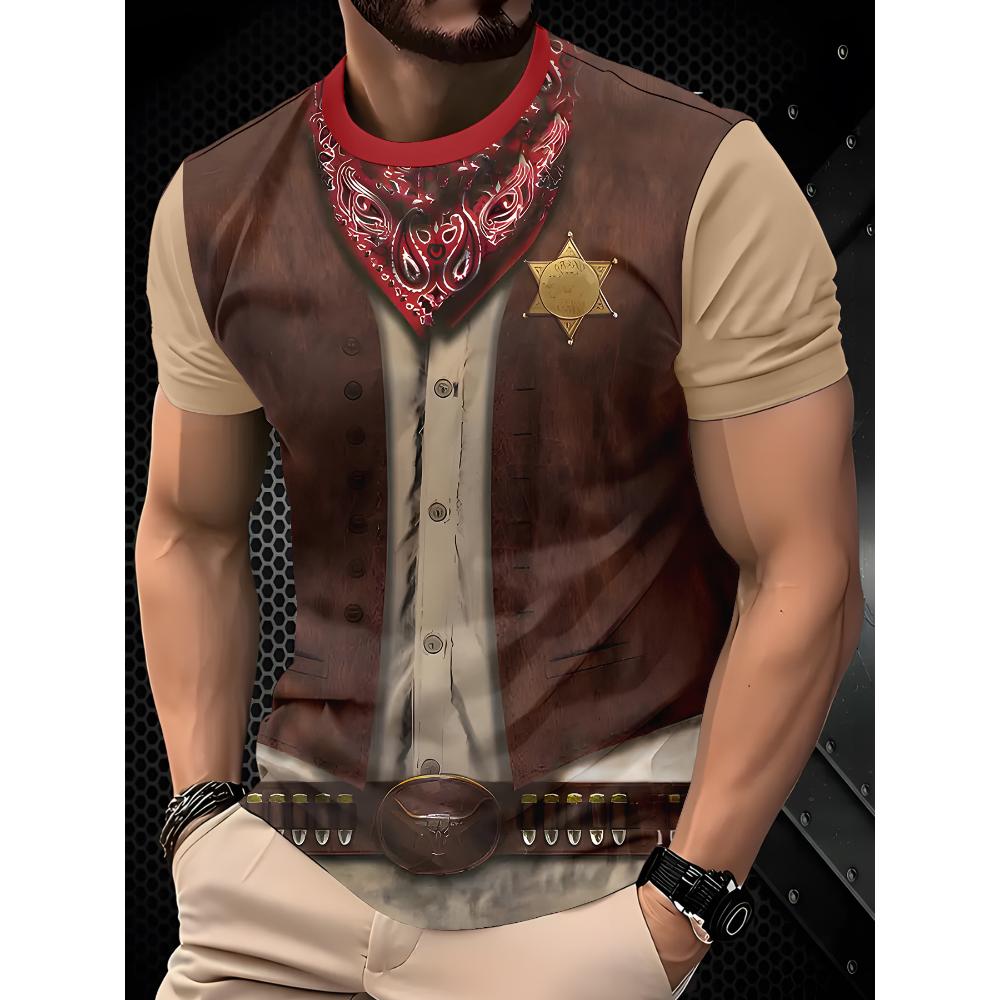 Western Sheriff Fake Two Piece Printed T-Shirt Men's Retro Denim Style Casual Short Sleeve Top