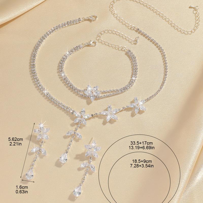European & American Full Diamond Bridal Jewelry Set: Necklace, Earrings, Bracelet - Luxury Light Claw Chain Banquet Dress Accessories