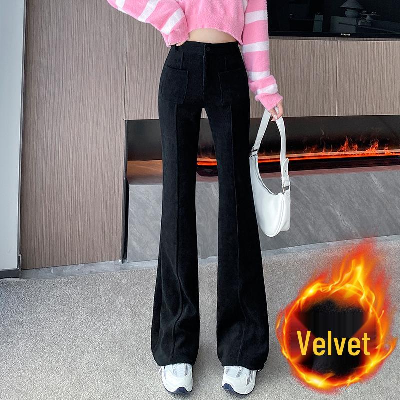 2024 Autumn/Winter High-Waist Corduroy Flared Pants: Plus Velvet, Thickened, Slimming, Casual Korean Style