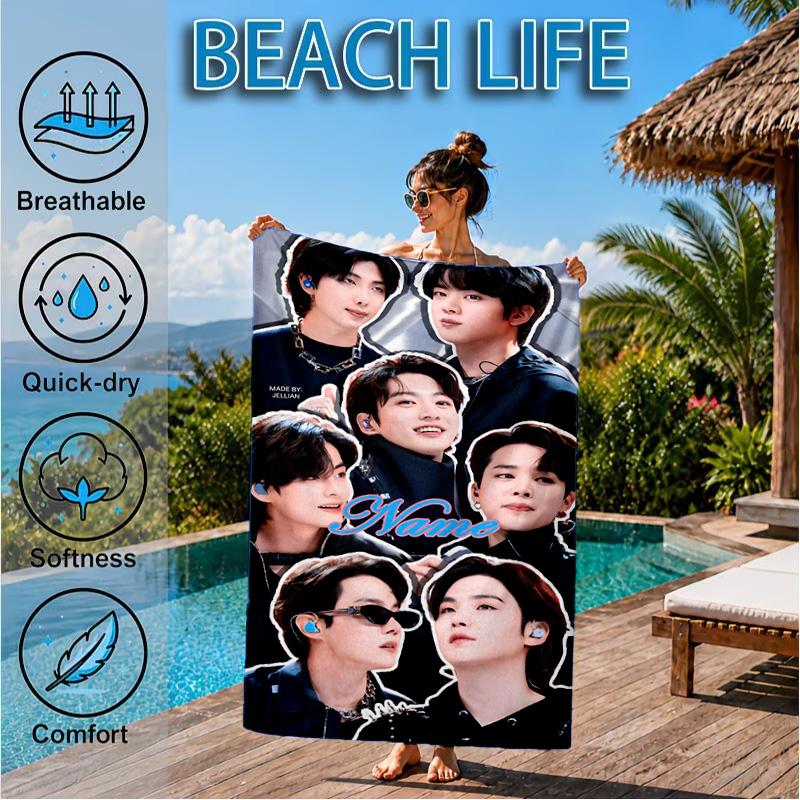 Custom Name K-pop Stars Friends Beach Towel Microfiber Beach Towel, Lightweight and Quick-Dry, for Summer Travel, Swimming Pool Gift