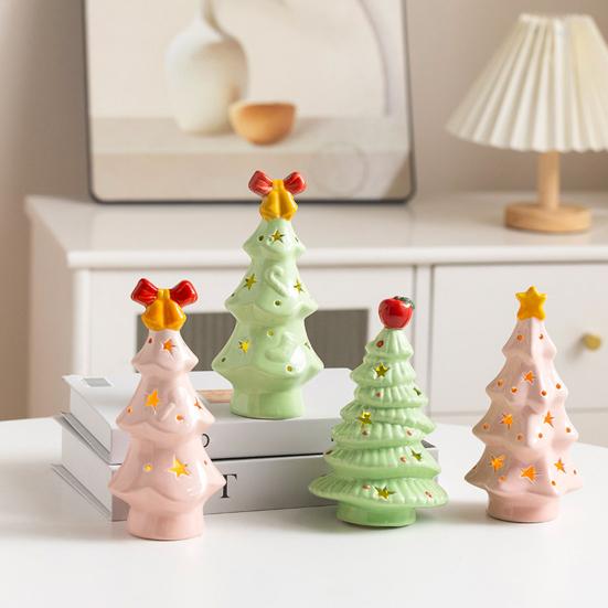 Lighted Ceramic Christmas Tree Small Xmas Tree Figurine with Fruit Tree Topper Holiday Tabletop Centerpiece for Home Mantel Shelf Fireplace Decor