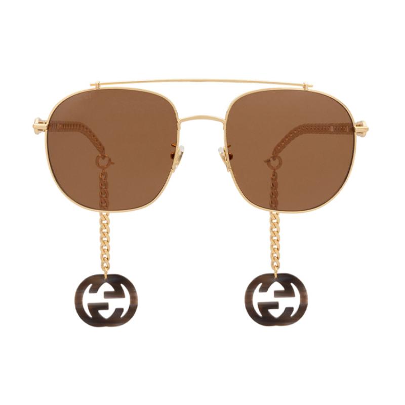 GUCCI Maze Chain Square Frame Sunglasses Earring-style design loop Gold frame brown lenses 58mm round