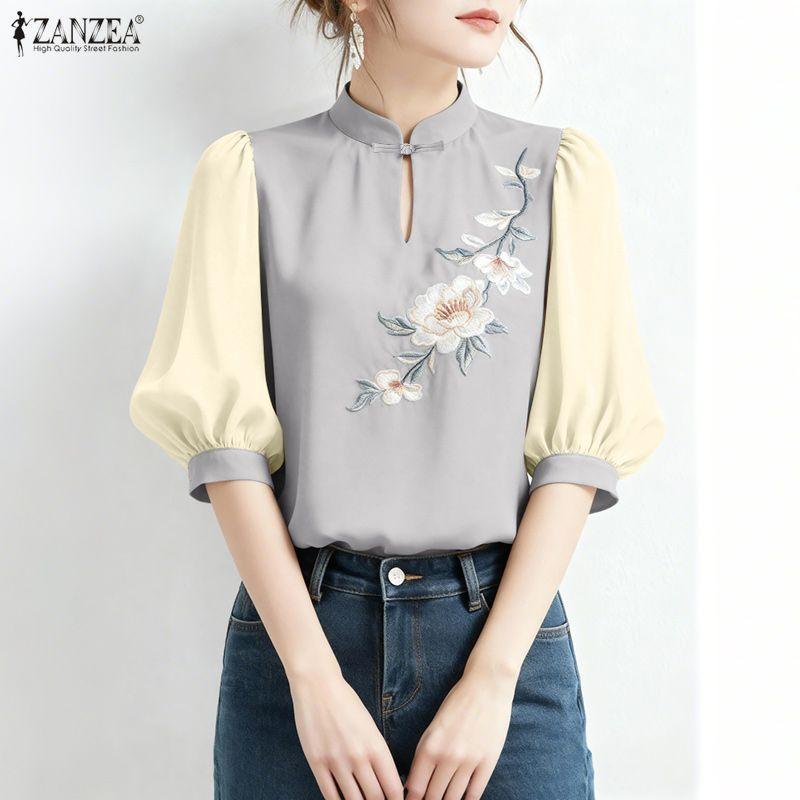 ZANZEA Women Casual Stand Collar Splice Half Sleeve Blouse