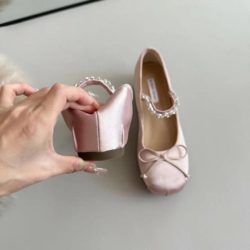 Sheepskin version~ Small inner height increase rhinestone ballet shoes women's shallow mouth single shoes bow Mary Jane shoes