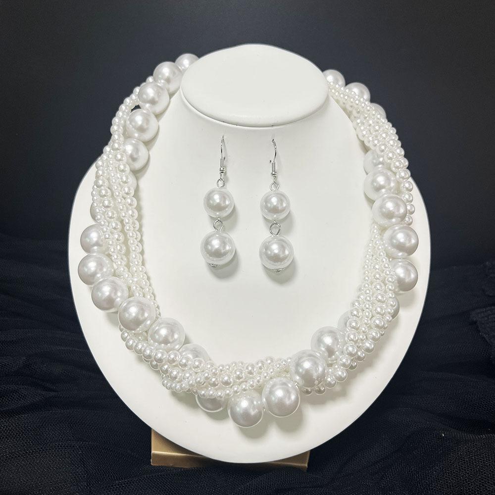 European and American Retro Multi-layer Beaded Pearl Necklace Earrings Set Fashion Temperament High-end French Light Luxury Neck Chain