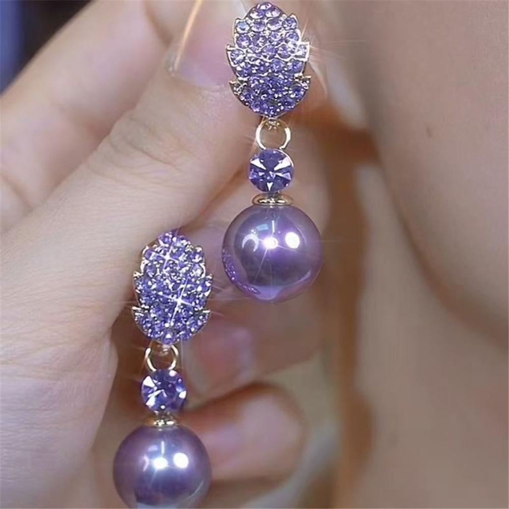 Cute Female Purple Pearl Zircon Stone Round Hoop Earrings Vintage Fashion Gold Color Wedding Jewelry For Women