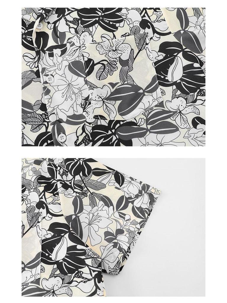 Black & White Tropical Leaf Print Cuban Collar Short Sleeve Shirt - Trendy Hong Kong Style Loose Casual Top