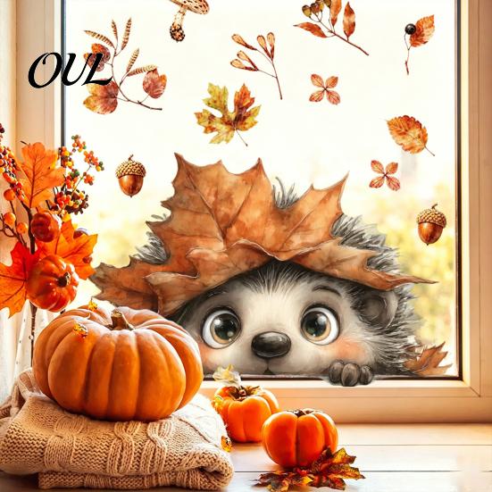 Static Window Decals of Forest Animals Autumn Sticker with Cute & Maple Leaves, Removable Harvest Pastoral Theme Art Festival Clings, Waterproof