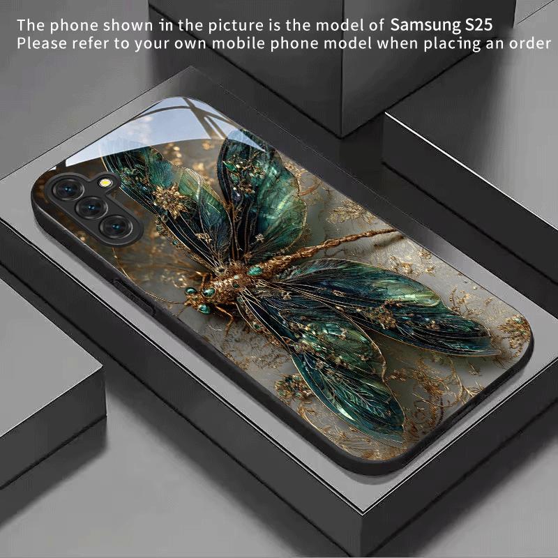 Gilded Emerald Dragonfly Black Glass Phone Case for Samsung Galaxy S26/S25 Ultra/S24/S24 FE/S24 Plus/S24 Ultra/S23+/S22+/S21 5G
