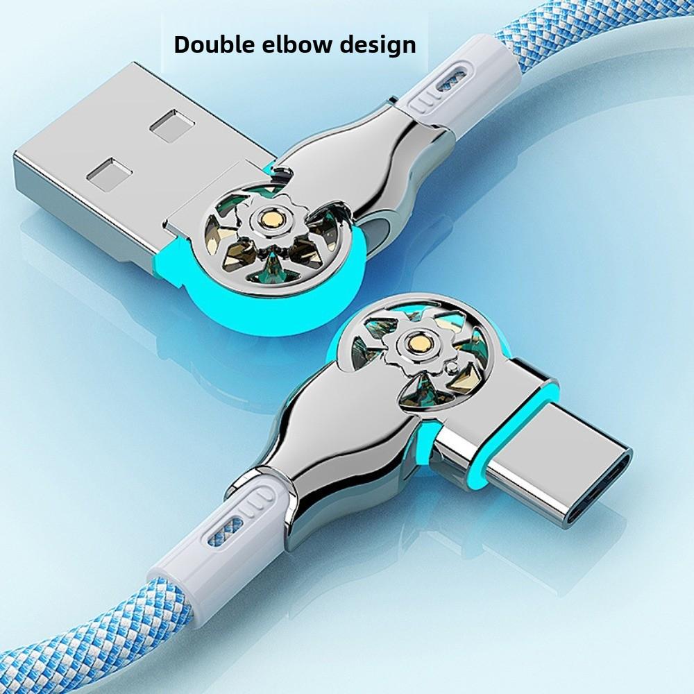 Double Bend 180 Degree Data Cable 66W Type C/micro USB Rotation Phone Charging Cable with Light 2M Elbow Data Line Smartphone