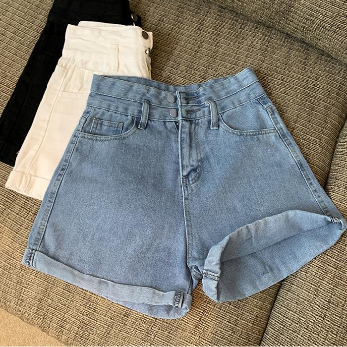 Curled Denim Shorts for Women In Summer Korean New High-waisted, Versatile Simple Wide-leg Pants