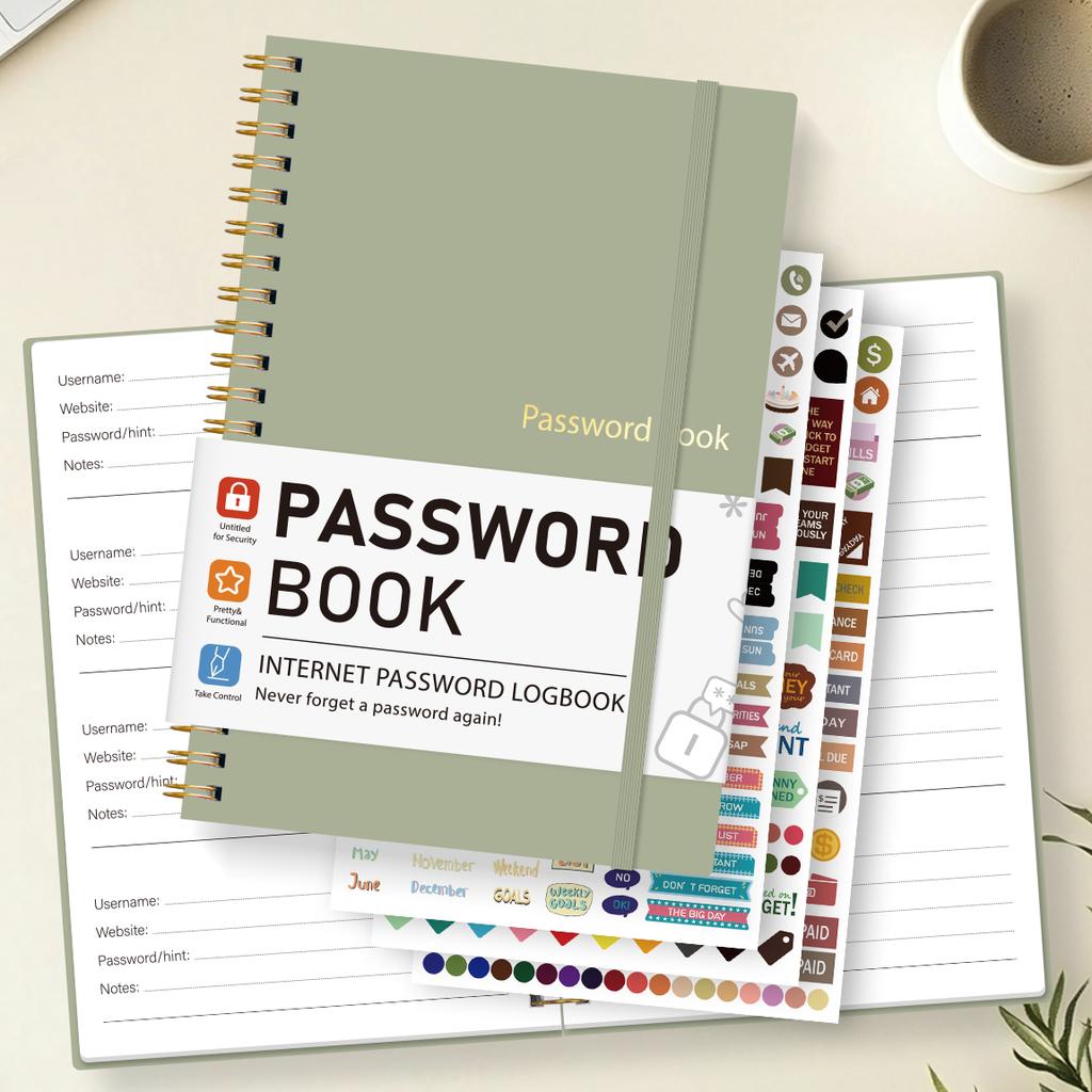 A5 Passwortbuch Spiralgebunden Login-Organizer Mit Stickern Elastischer Verschluss Twin-Wire Passwort-Logbuch