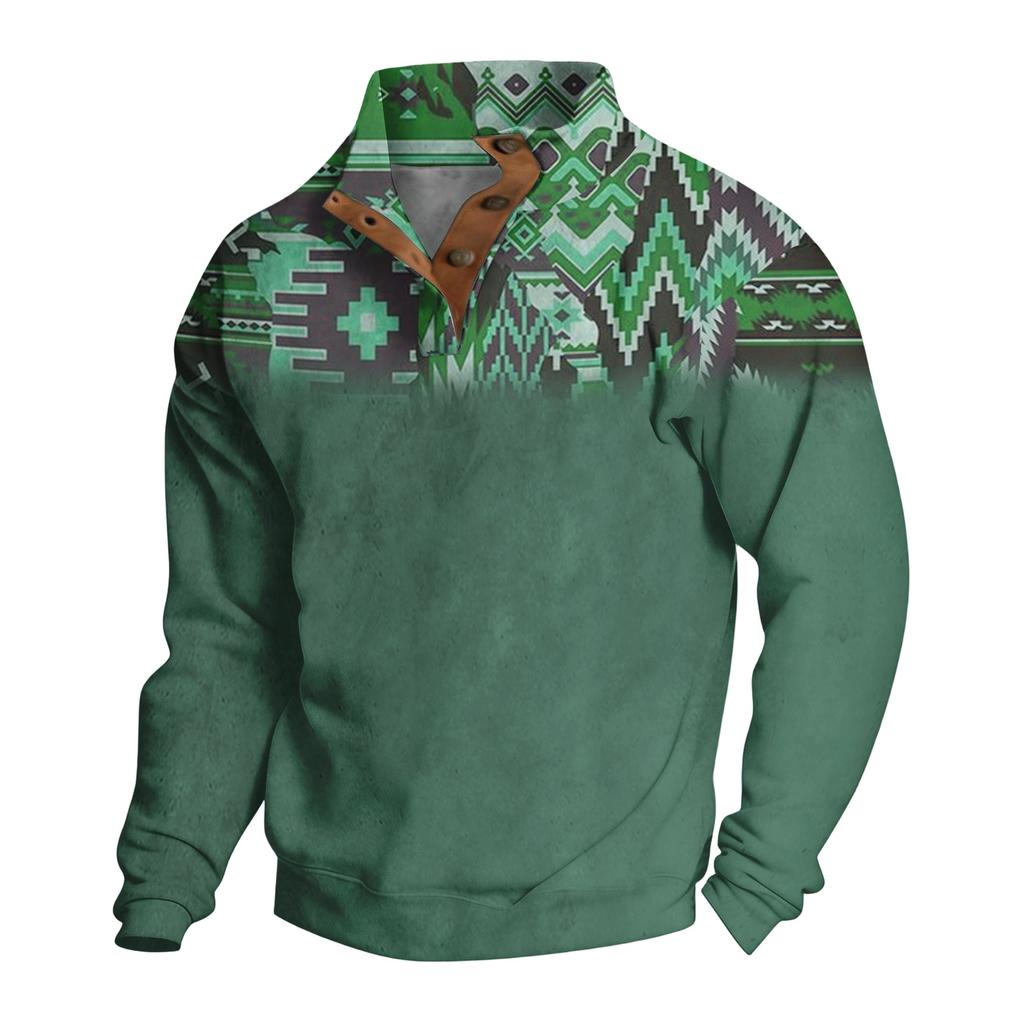 Men's Pattern Pullover Button Sweatshirt Long Sleeve Western Casual Top