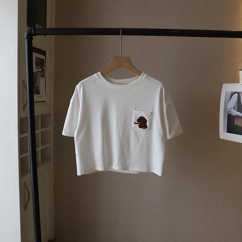 

[Bi Zheng] Summer 2025 Petite Korean Style Loose-Fit Women s Cartoon Embroidery Letter Short T-Shirt (Model 3518) One Size белый