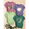 Four-piece set of women's heart-patterned short-sleeve shirts Leopard print hollow-out pink heart ECG print round-neck summer dress T Shirt Suitable