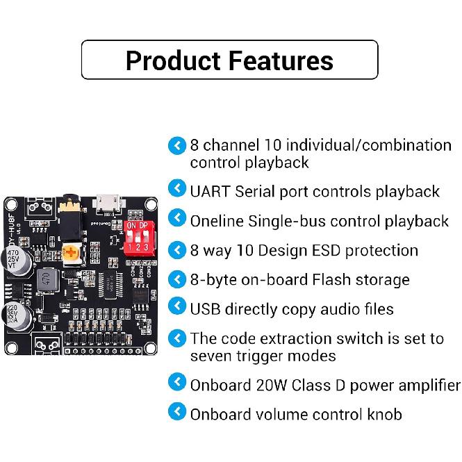 DC 12V 24V 20W Voice Playback Module, PEMENOL High Power Sound Board MP3 Player 64Mbit Flash Storage Mono 8ohm Support MP3 WAV for Arduino