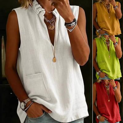 Women Shirt Cotton Loose Linen V Neck Fit Sleeveless Top Breathable Comfortable