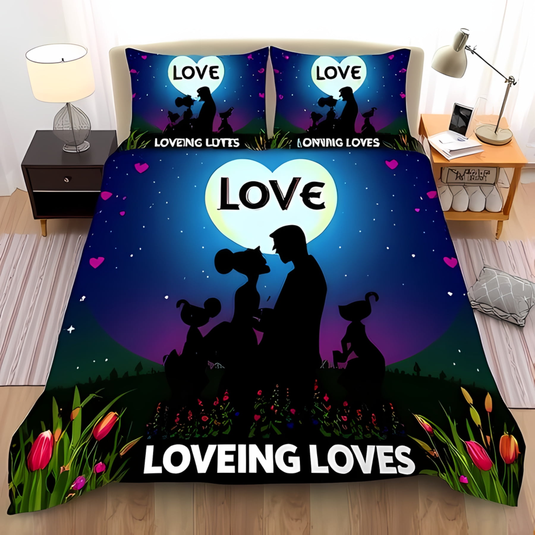 

Vibrant Love Bedding Set Deep Blue Duvet Cover With Red Heart Design Cozy Romantic Bedroom Decor Suitable Children Kids Adults EU Single(135*200cm)3pcs