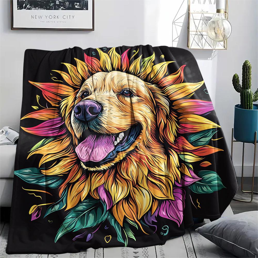 Sunflower Dog Print Flannel Blanket, High quality Comfortable for All Seasons, Home Decor, Warmth and Comfort, Perfect for Christmas Gifts