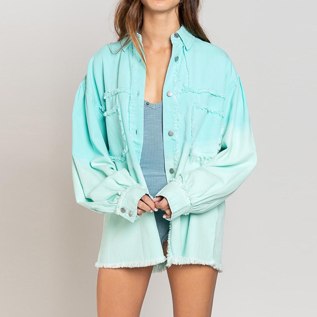 Women Loose Casual Denim Jacket Female Jacket Tie-Dye Trim Tassel  Long Sleeve  Coat With Pockets