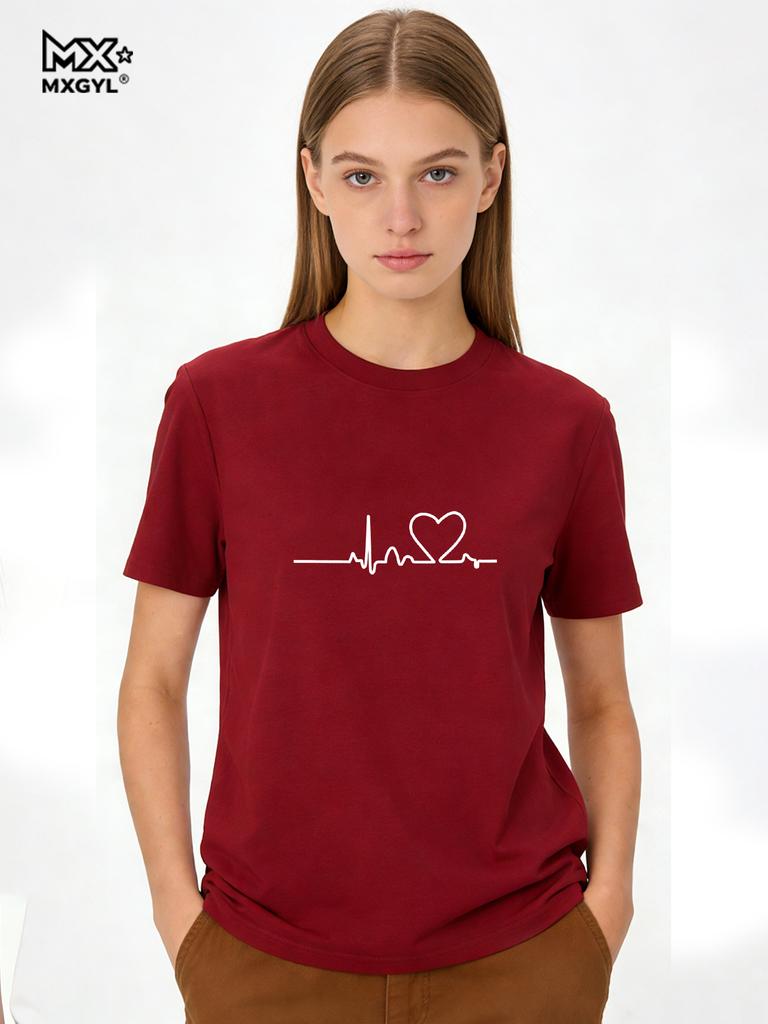 2026 Women's Love Heart Print T-Shirt, Plus Size, Electrocardiogram, Funny Woman Tee Tops, Casual Female T-shirts, Summer