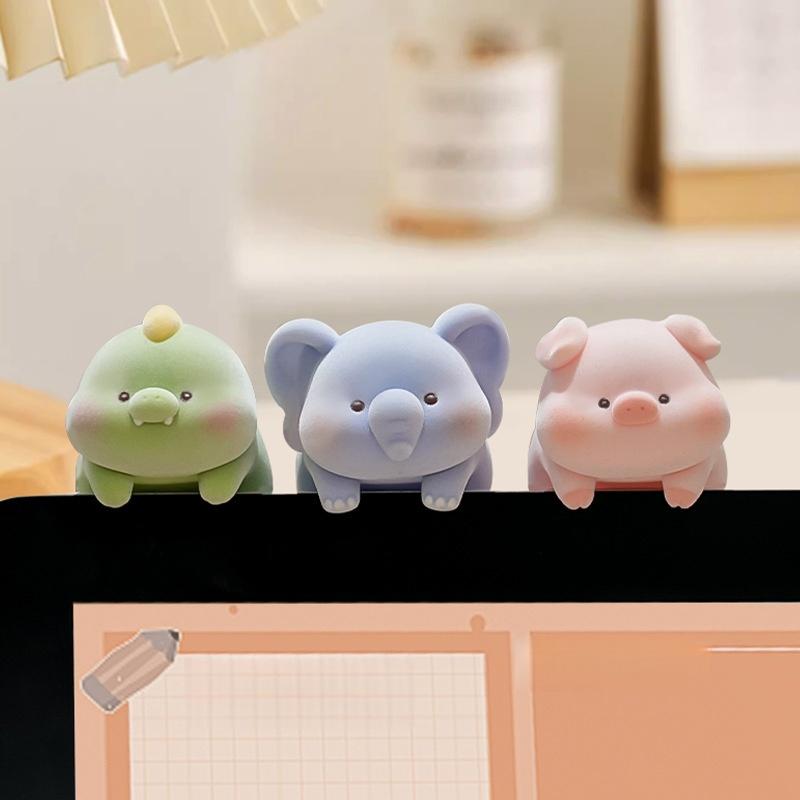 1Pc Flocking Animal Model Ornament - Elephant Panda Dog Cartoon Doll for Monitor Screen Car Console Desk Decoration