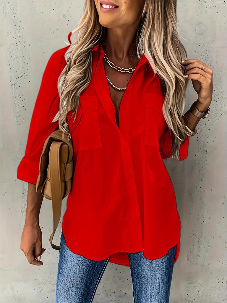 European American Women's Versatile Pocketed Long-Sleeve Lapel Shirt