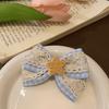 Girl Hairpin Hollow Lace Double-Layer Design Blue Plaid Wooden Star Decoration Hair Clip College Style Hair Accessory