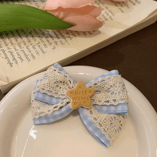 Girl Hairpin Hollow Lace Double-Layer Design Blue Plaid Wooden Star Decoration Hair Clip College Style Hair Accessory