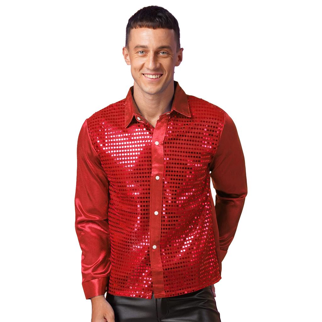 Mens Shiny Sequin Dance Shirt Latin Jazz Performance Wear Turn Down Collar Long Sleeve Patchwork Top